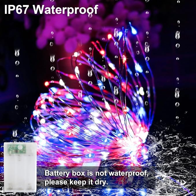 Patriotic Red White and Blue Fairy String Lights Battery Operated | 2 Pack Total 100Led Timer Copper Wire Mini Lights, Battery Powered Firefly DIY for 4th of July, Labor Day Decorations