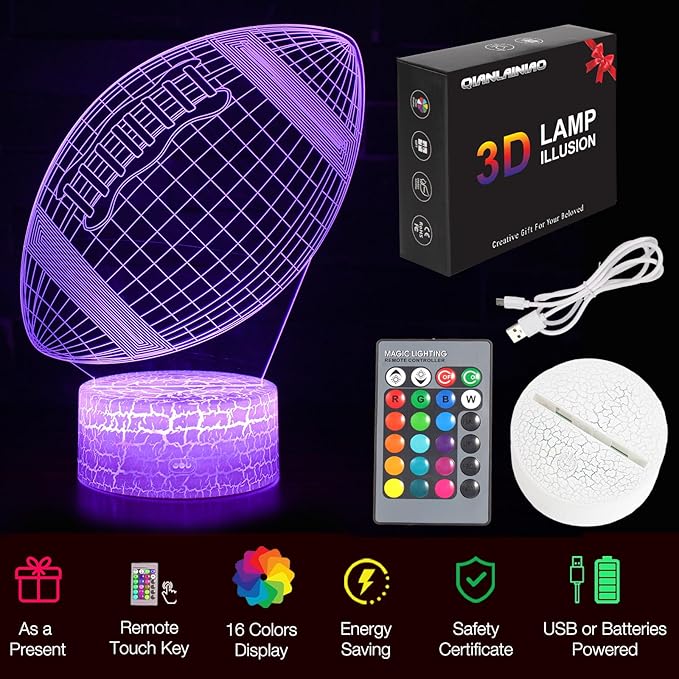 Football Night Light, Rugby Gifts for Boys Girls or Decor, Rugby 3D Illusion Lamp with 16 Colors Change Remote Control, Decorative Desk Lamp Christmas Creative Birthday Gift Ideal for Sport Fans
