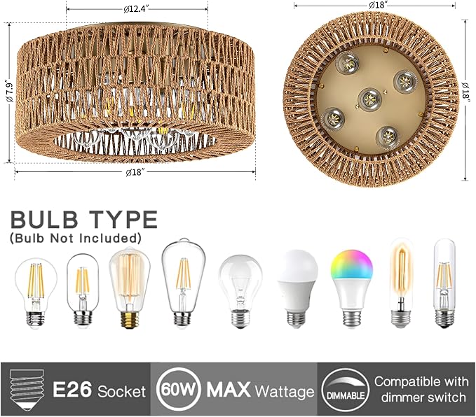 Rpzloila 18" Rattan Light Fixture, 5-Light Boho Ceiling Light, Gold Flush Mount Ceiling Light for Bedroom, Hallway, Entryway, Kitchen, Living Room