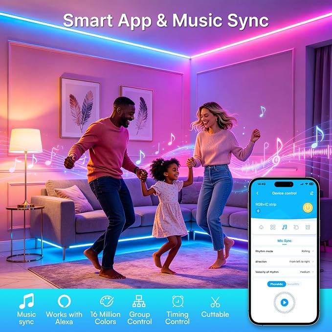 TJOY 90FT Smart Led Strip Lights for Bedroom Alexa Compatible Wireless RGB | Music Sync, RGB Color Changing Lights for Room Decor(APP+Remote+Voice control)
