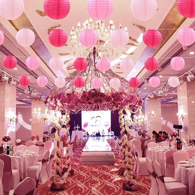 CC wonderland zone 12pcs Pink Hanging Paper Lanterns,Round Paper Lanterns for Baby Shower Wedding Valentine's Day Engagement Birthday Party Decorations
