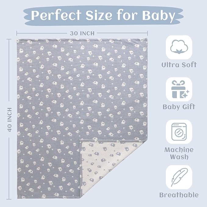 NTBAY 3 Layer Muslin Toddler Blanket, 30 x 40, Blue Elephant | Breathable Muslin Cotton Outer Layers with Light Thermal Fill, Reversible for Stroller, Daycare, Travel, and Supervised Use