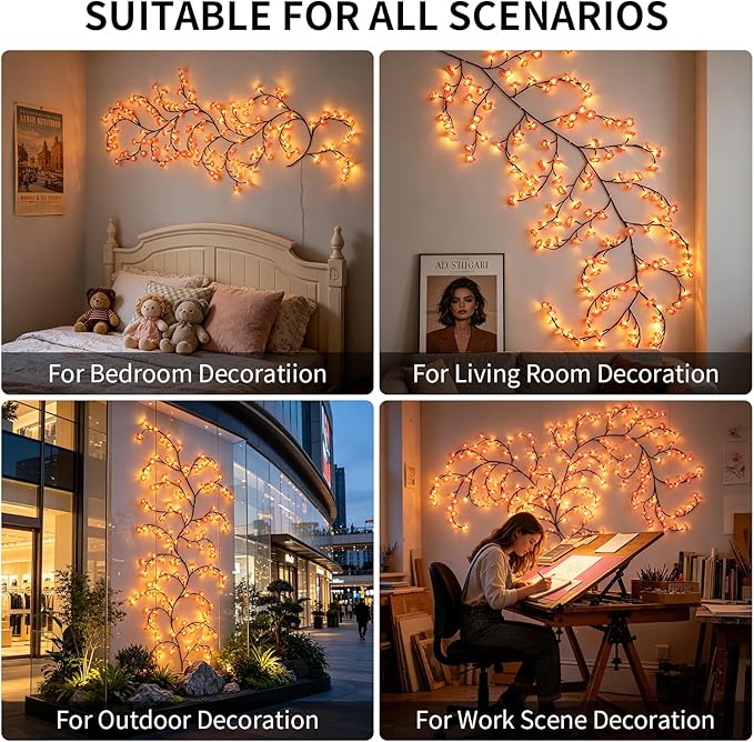 FNHMSL 4FT 48LED Cherry Enchanted Willow Vine Lights for Christmas Bedroom | Pink Cherry Blossom Tree Branch Lights for Wall, Remote Timer,8 Light Model,Bedroom Wall Doors Wedding with USB Battery Box