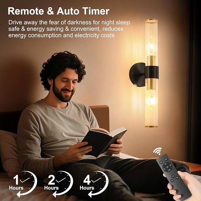 Morauroral Black Gold Battery Operated Wall Sconce, Rechargeable Wall Lights with Remote, 20 Inch Modern Wireless Wall Lamp for Bedroom, Living Room with Clear Glass Shade (Bulbs Included)