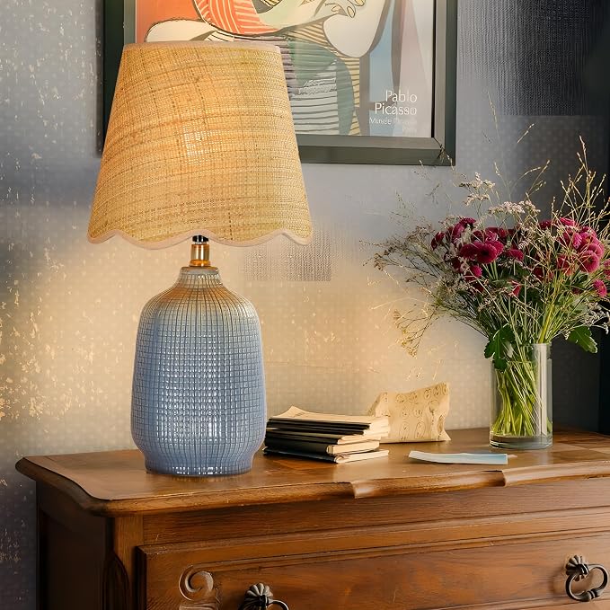 19" Modern Ceramic Table Lamp for Living Room Gray Blue Base Desk Lamps for Bedroom Farmhouse Bedside Nightstand Lamp End Table Lamps,Bule,Rattan Shade