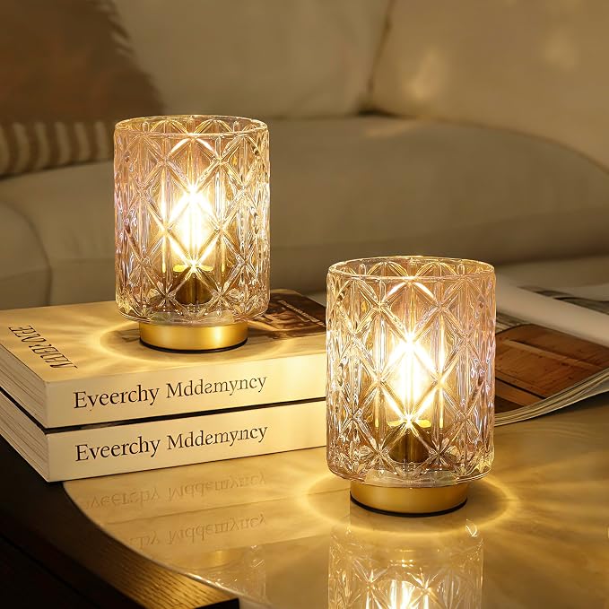 2 Pack Battery Operated Lamp,Cordless Samll Battery powered Accent Lamp with Timer for Bedside,Warm White Cozy Ambient Decorative Table Lamps for Shelf/Cubicle/Entryway/Table Decor(Iridescent Clear)