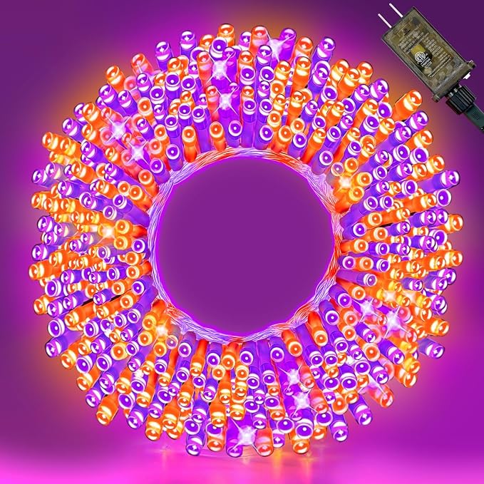 100FT Purple and Orange Halloween String Lights | Clear Wire LED Mini Lights, 8 Modes, Timer, Plug-in Indoor Outdoor Decor for Tree, Porch, Fence, Yard and Fall