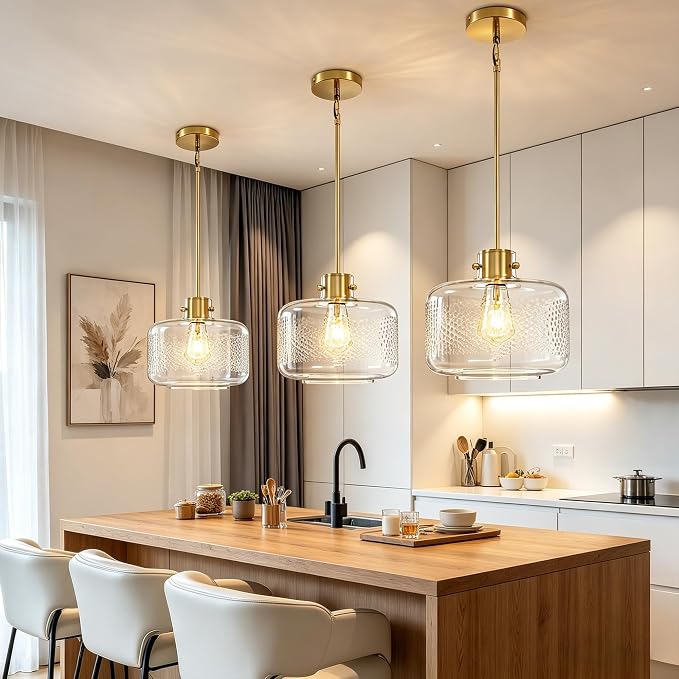 Gold Pendant Lights Kitchen Island with 9.84in Hammered Glass Shade 1Pack | Handcrafted Glass Pendant Light Fixtures, UL Certified, E26 Base 100W Max, Height-Adjustable, Dimmable Hanging Pendant Light