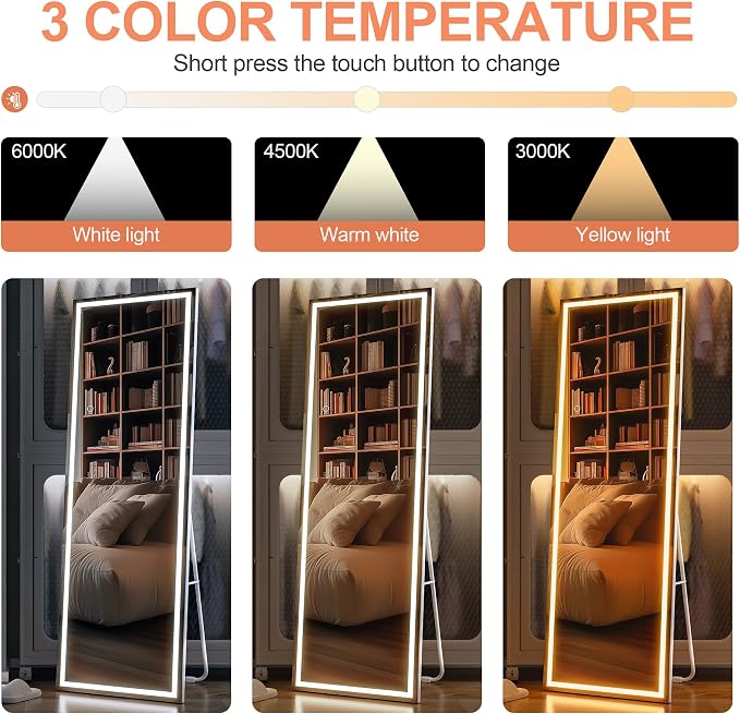 Full Length Mirror with Lights, 56" x 16" LED Lighted Floor Standing Body Mirror, Dimmable & 3 Color Lighting for Bedroom, Cloakroom, Dressing Room, Tempered Glass, Square White