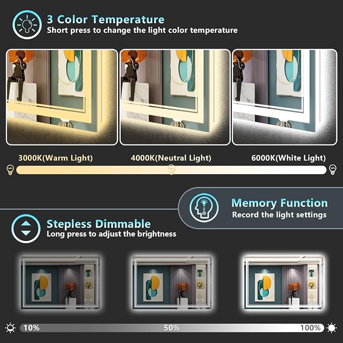 48x32 LED Bathroom Mirror, Backlit & Front Lit Lighted Mirror | Anti-Fog Vanity Mirror with Lights, 3 Color Dimmable, Memory, HD Tempered Glass, CRI95, IP54, UL Listed, Horizontal/Vertical