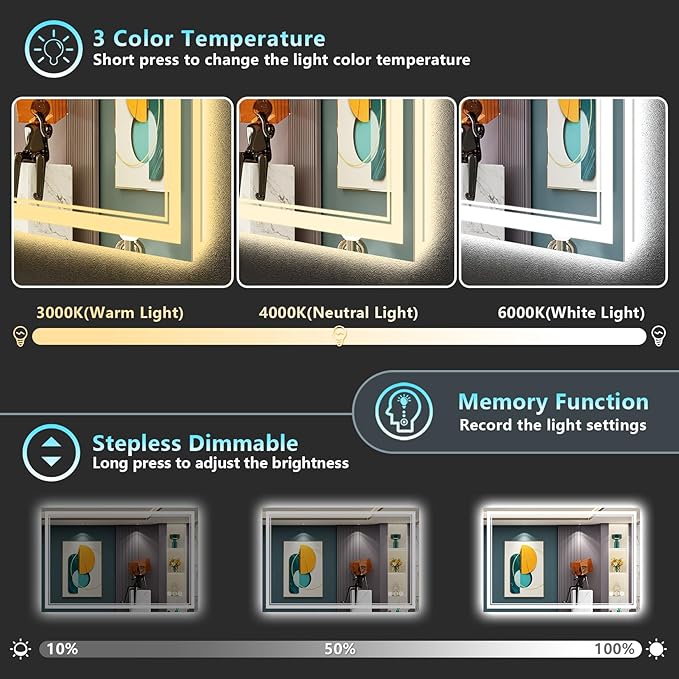 48x40 LED Bathroom Mirror, Backlit & Front Lit Lighted Mirror | Anti-Fog Vanity Mirror with Lights, 3 Color Dimmable, Memory, HD Tempered Glass, CRI95, IP54, UL Listed, Horizontal/Vertical