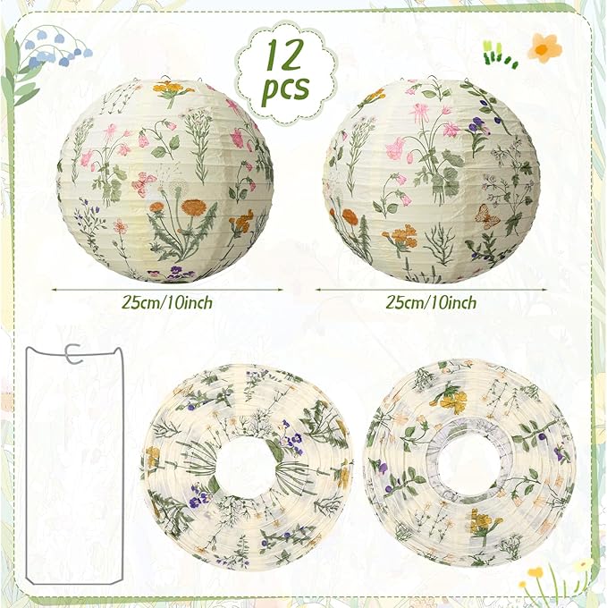 Honoson 12 Pcs Floral Paper Lanterns Tea Party Decorations Flower Wildflower Butterfly Spring Birthday Party Decoration Flower 10 Inch Hanging Round Paper Lantern for Wedding Bridal Shower Baby Shower