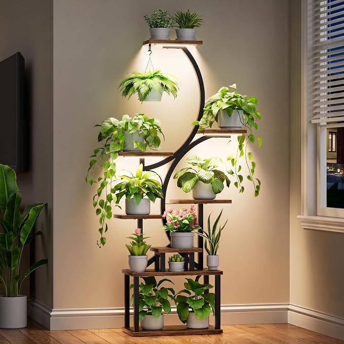 BACEKOLL Plant Stand Indoor with Grow Light, 8 Tier Corner Plant Shelf Tall | 62" Lighted Flower Holder for Plant Multiple, Space-Saving Beautiful Display Growing Rack for Home Patio, Sturdy Metal, Brown