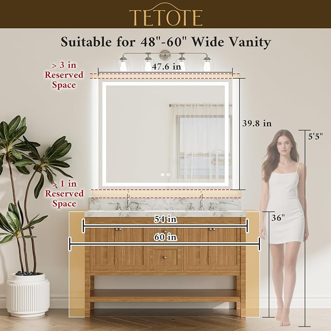 48 x 40 LED Lighted Bathroom Mirror with Lights, Brighter Led Vanity Mirror for Bathroom, Front and Backlit Illuminated Anti Fog Light up Mirror 3-Color Dimmable, Waterproof, Tempered Glass