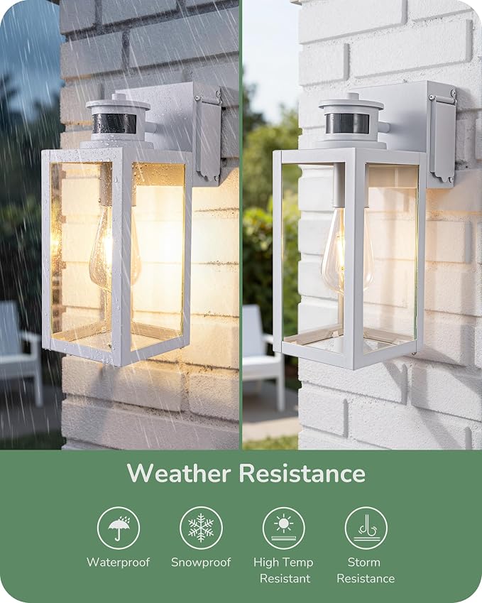 EDISHIEN Motion Sensor Outdoor Wall Lights, 2 GFCI Outlets & 3 Modes, 12" H Waterproof Modern Porch Light, Dusk to Dawn Exterior Wall Lantern for House, Garage, Front Door, White