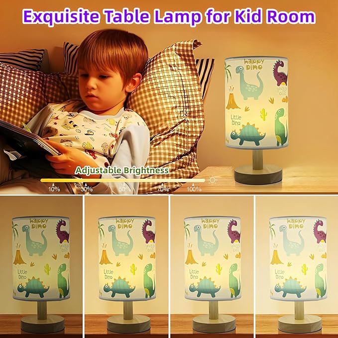 Dinosaur Kids Table Lamp for Bedroom Kids Bedside Lamp 3 Colors Dimmable Nightstand Night Light with Cartoon Flaxen Fabric Shade Desk Reading Lamp for Girls Boys Room Nursery Decor,Dino Gifts for Boys