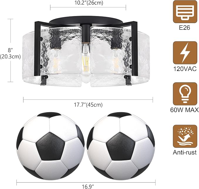 17.7'' Black Semi Flush Mount Ceiling Light, 4-Light Glass Ceiling Lights for Kitchen Island Modern Hallway Light Fixtures, Farmhouse Ceiling Mount Light for Entryway Hallway Bathroom Kitchen Bedroom