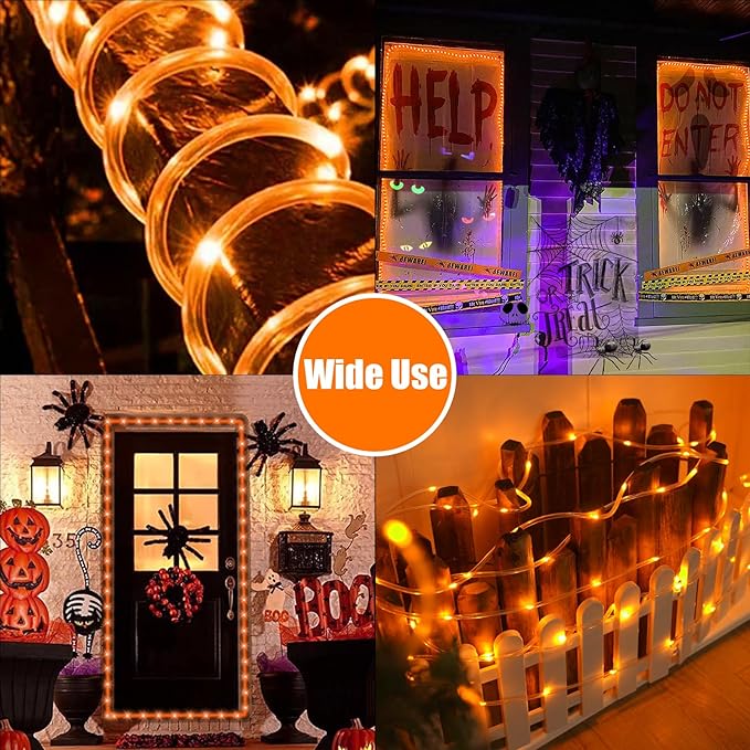 QITONG Orange Solar Rope Lights, 2 Pack Each 33ft 100 LED String Lights Outdoor, Fairy Lights in Clear Thin Tube with 8 Modes for Thanksgiving Fall Decor
