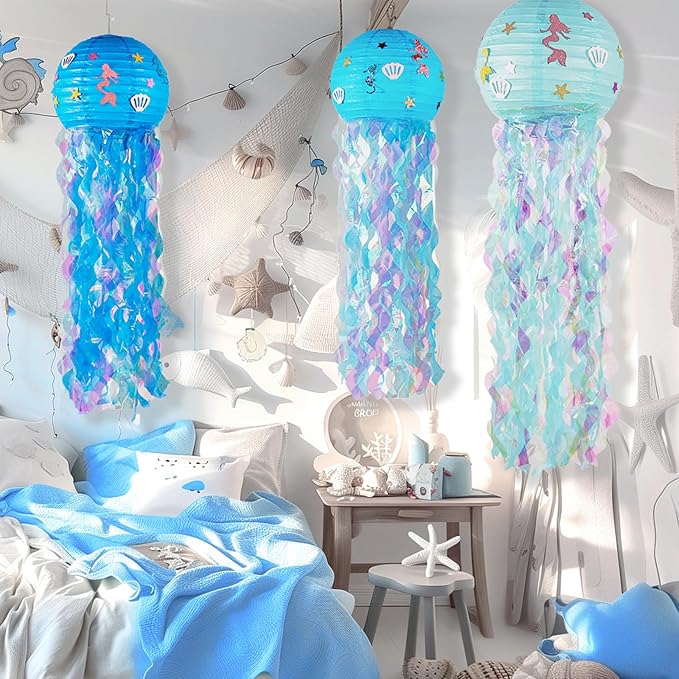 12" Blue Jellyfish Lanterns - Mermaid Birthday Decorations, Under the Sea Party Supplies, Ocean Theme Hanging Jellyfish Decor for Classroom, Nautical Events, and Underwater Adventure (Set of 6)