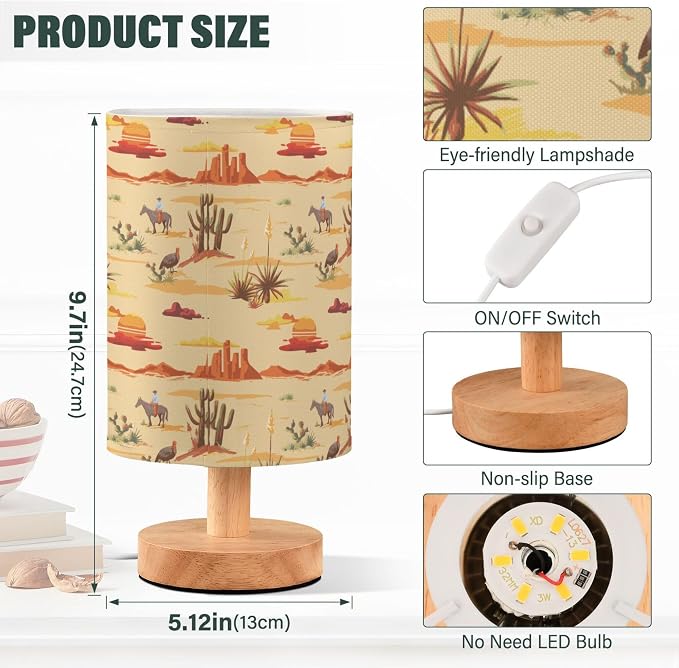 Table Lamp Vintage Desert Sunset Pattern Cactus Mountain Cowboy Horse Turkey Nightstand Lamp with Wood Base Fabric Lamp Shade Bedside Desk Lamp for Living Room Bedroom Kids Room Office