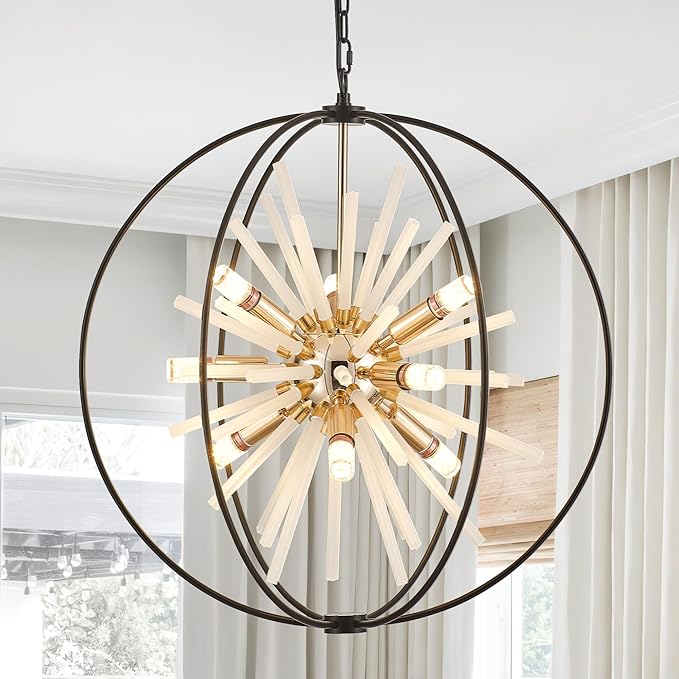 23.6" Black Gold 12-Light Globe Sputnik Chandelier Modern Firework Hanging Ceiling Glass Tube Pendant Light Fixture for Entryway Foyer Staircase Dining Living Room Hallway