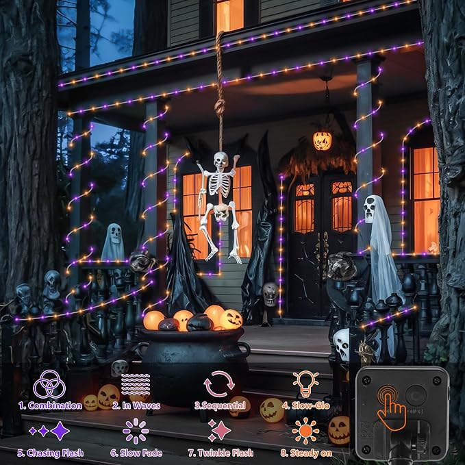 QITONG Orange and Purple Solar Halloween Lights, 66ft 200 LED Solar Rope Lights Outdoor Waterproof, 8 Modes Clear PVC Tube Light Outdoor Waterproof