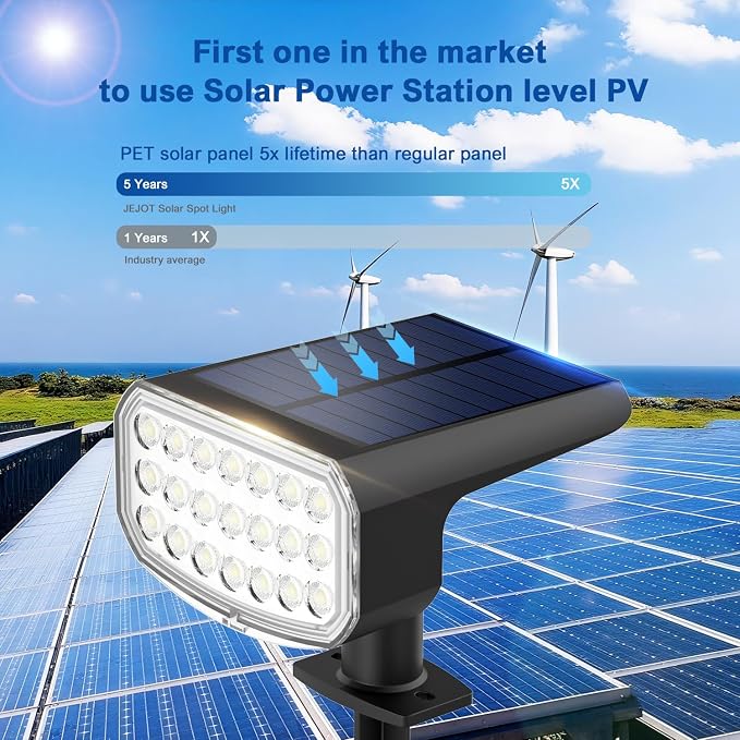 JEJOT Solar Lights Outdoor Waterproof IP65, Super Bright LED with Lens, 3000K 2 Lighting Modes, Solar Powered Yard Garden Solar Spot Lights for Outside Landscape Auto On/Off -6 Pack
