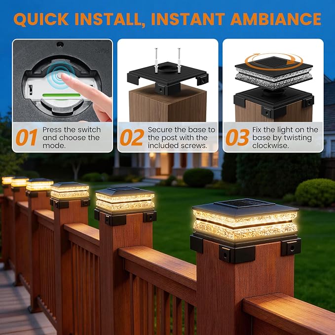 APONUO Solar Post Cap Lights Outdoor, 3 CCT & 2 Brightness Deck Post Lights Solar Powered for 4x4 5x5 6x6 Vinyl Wooden Posts, Waterproof Dusk to Dawn Fence Deck Lights for Patio Garden, Black, 8-Pack