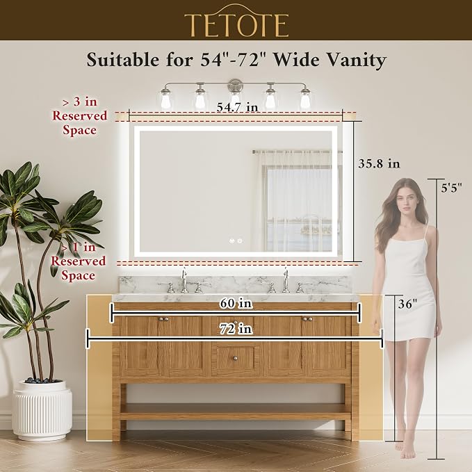 55 x 36 LED Light up Bathroom Mirror, Brighter Lighted Bathroom Vanity Mirror with Led Lights, Front and Backlit 3-Color Dimmable Anti Fog Illuminated Mirror, Waterproof, Shatterproof