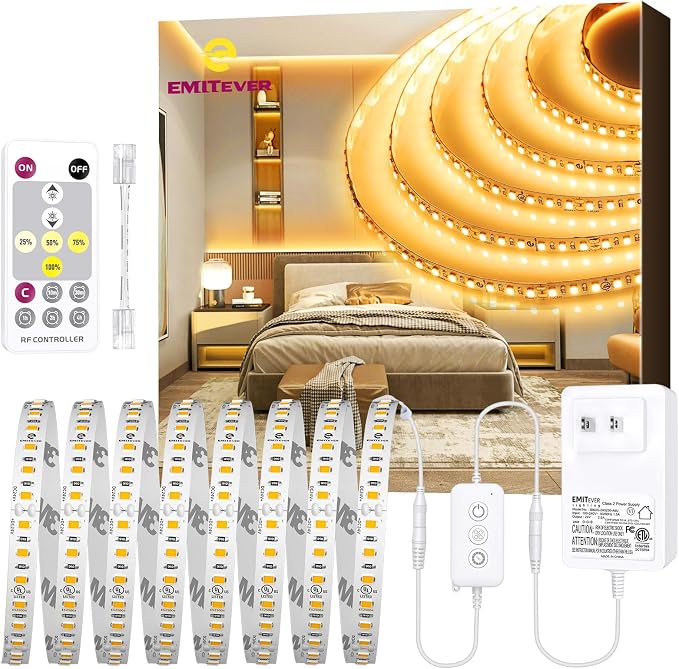 EMITEVER Warm White LED Strip Light Kit 2700K,16.4ft 600LEDs,24V Dimmable | CRI 95+,240+LM/ft.ETL 48W power supply & remote included, UL listed Strip for living room,kitchen,under cabinet & shelving