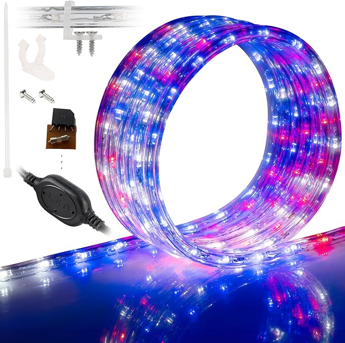 WYZworks 288LEDs, 25ft LED American Flag Red White Blue Outside Rope Lights, Waterproof Permanent Outdoor ETL Certified, Connectable, Palm Tree Decorative Landscape Patio Accent Lighting - USA