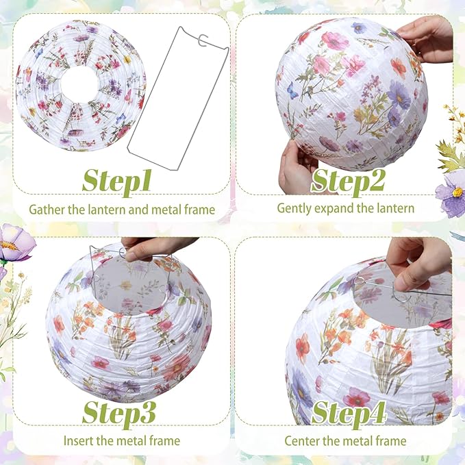 12 Pcs Floral Paper Lanterns Tea Party Decorations Flower Wildflower Spring Birthday Party Decoration Flower 10 Inch Hanging Round Paper Lanterns for Wedding Bridal Shower Baby Shower Decor