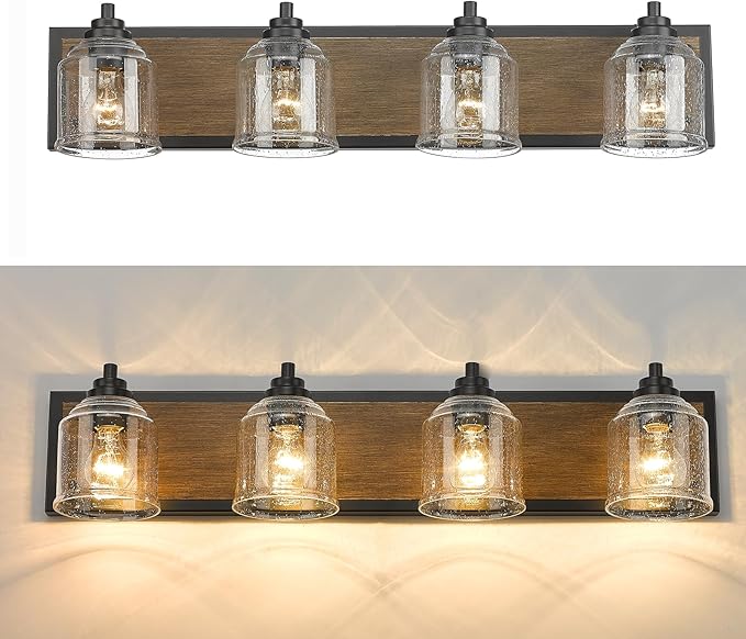 Vanity Lights for Bathroom Large 31.5", Farmhouse Rustic Vanity Light with Bubble Glass Shades, Brown 4 Light Bathroom Lighting Fixtures Over Mirror, Bath Wall Sconce Home Decor