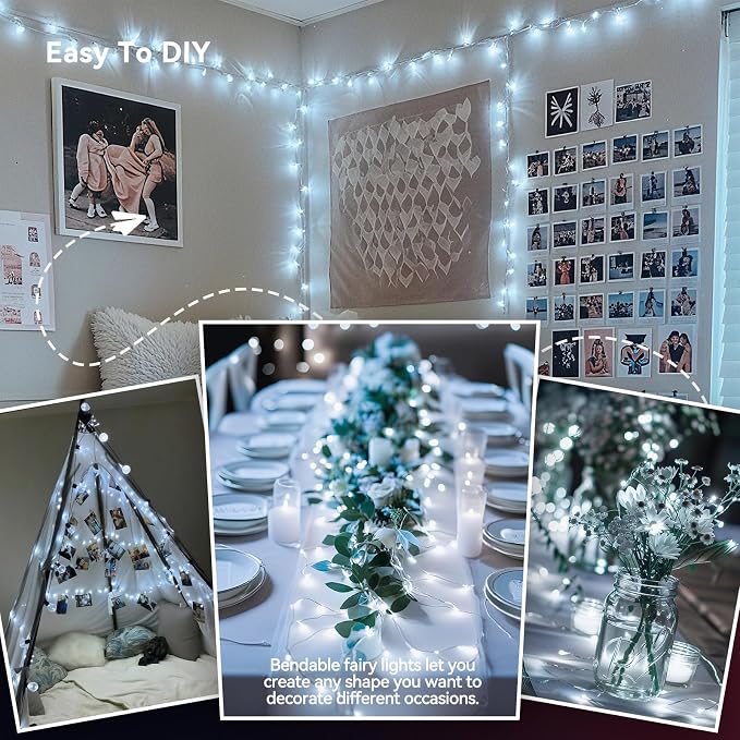 LitHome 4 Pack Cool White Fairy Lights Battery Operated, Each 20 FT 60 LED | Twinkle Lights Battery Operated 2 Modes, Waterproof Fairy String Light for Classroom Indoor Bedroom Christmas Wedding Decor