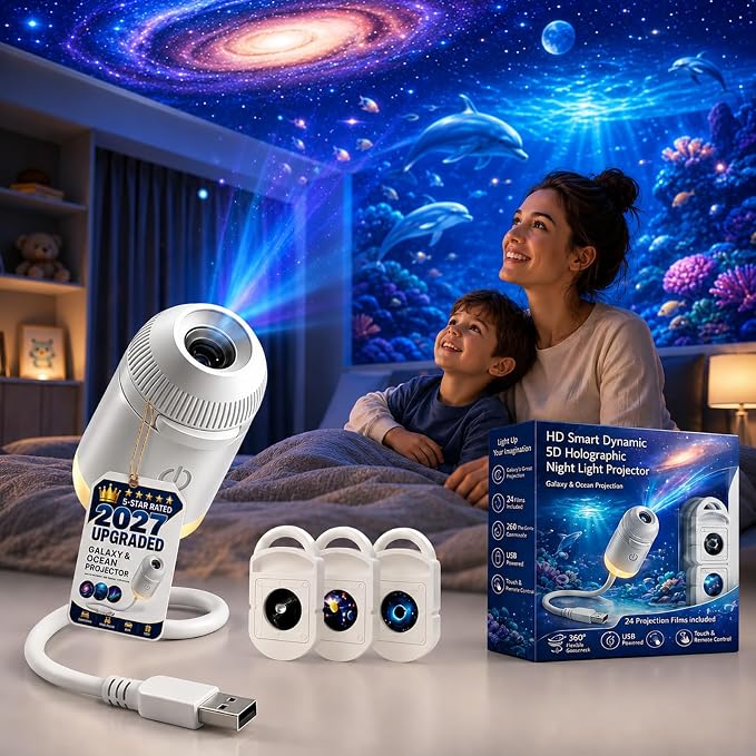2027 New Hd Smart Dynamic 5d Holographic Night Light Projector, 2-in-1 Ocean Wave Ceiling Projector, 360° Adjustable Gooseneck, USB Powered Rotating Night Light for Bedroom (Starry Sky with 3 Films)