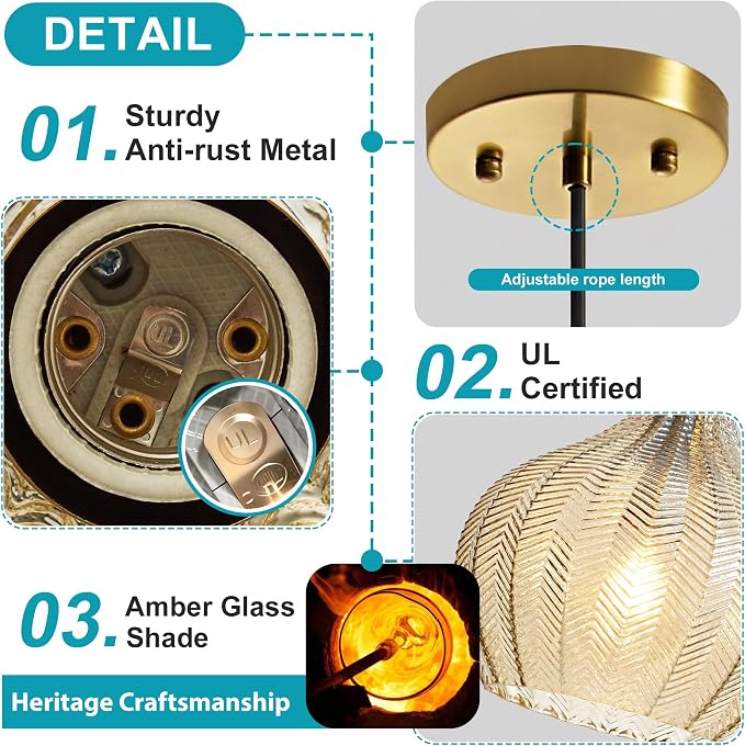 Amber Glass Pendant Lights Kitchen Island Gold Hanging Ceiling Light 9"