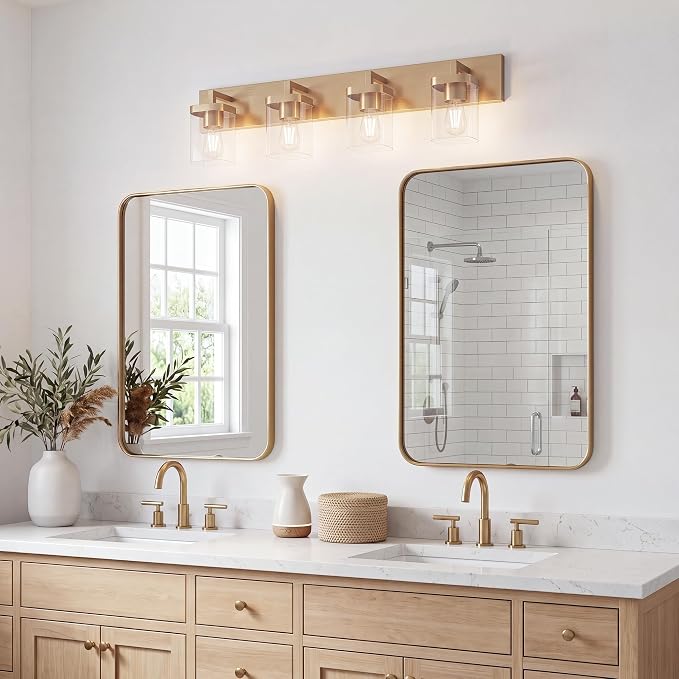 Bathroom Lighting Fixtures Over Mirror, Square Design & Rectangle Large Backplate, 4 Lights Modern Vanity Lighting Fixtures, Bathroom Light Fixtures for Bathroom/Living Room/Bedroom, Gold