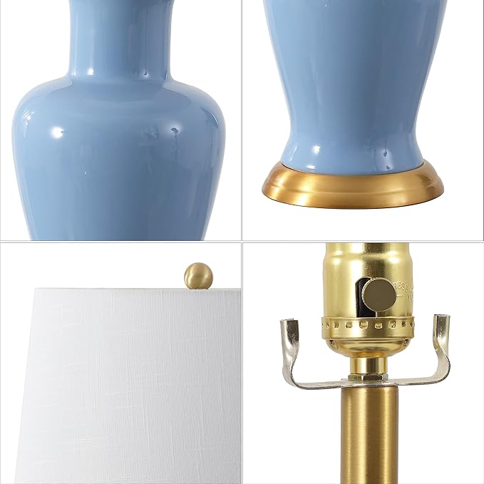 JONATHAN Y 29" Blue Traditional Ceramic Urn LED Table Lamp for Bedroom Decor, White Linen Drum Shade, Classic Nightstand Lamp for Living Room, LED Bulb Included (JYL4026E)