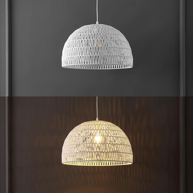 JONATHAN Y Campana 1-Light Pendant Dome Ceiling Lamp, 20", White | Modern Coastal Farmhouse Decor, Adjustable Height, Woven Rope Metal Frame, LED Bulb Included, UL Listed