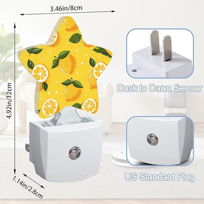Lemon Leaves Dusk to Dawn Star Night Light,Summer Tropical Fruit Smart Sensor Nightlight for Bedroom Kitchen Hallway Stairs,Plug-in Energy Efficient Decor Desk Lamp Women Men Gifts