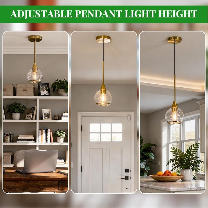 Gold Pendant Light Kitchen Island, 1 Light | Brushed Gold Pendant Light Fixture, Glass Globe Hanging Light, Adjustable Height for Kitchen Island, Dining Room & Bar
