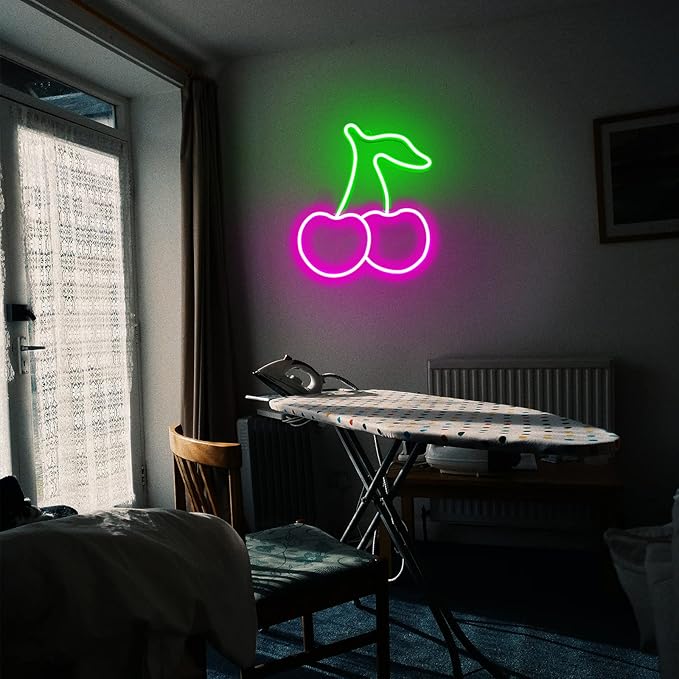 Cherry Neon Sign,Pink Green Cherries Neon Lights Cherry Neon Signs for Wall Decor,Cute Fruits LED Signs for Kids Room Restaurant Bar Fruit Shop Home