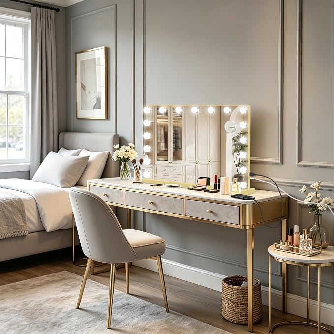 Ratsamee Gold Hollywood Vanity Mirror with Lights, 17 Dimmable Bulbs, 3 Color Lights,Make Up Lighted Mirror, Aluminum Metal Frame, USB Charging Port（28" x 20"）
