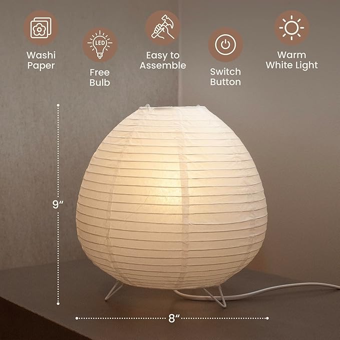 Nogy Small Rice Paper Lamp • Japanese Paper Lantern Lamp • Paper Shade Table Lamp • Bedside Lantern Lamps for Bedrooms