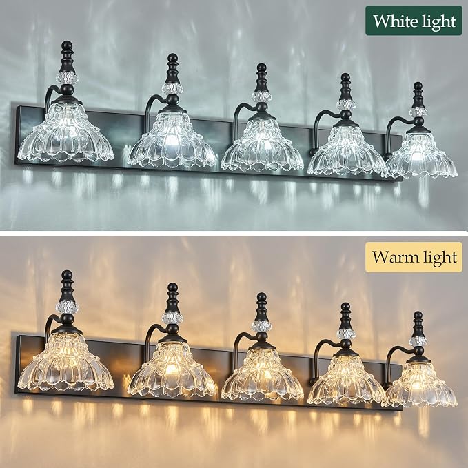 Vintage Bathroom Vanity Light, 5-Light Black Vanity Lighting Fixture with Flower Glass Shade, Bathroom Lighting Fixtures Over Mirror