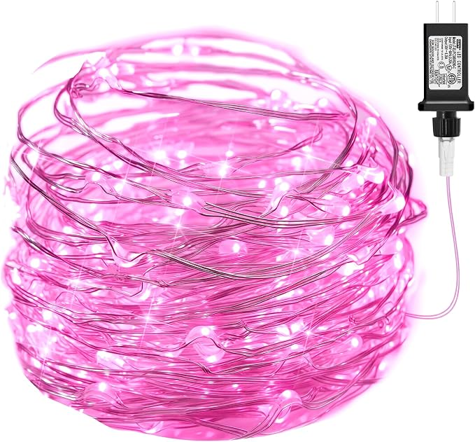 Pink Fairy Lights Plug in, 33Ft 100 LEDs Waterproof Silver Wire Firefly Valentine's Lights, Adaptor Included, Starry String Lights for Wedding Indoor Outdoor Patio Garden Valentine's Day Decoration