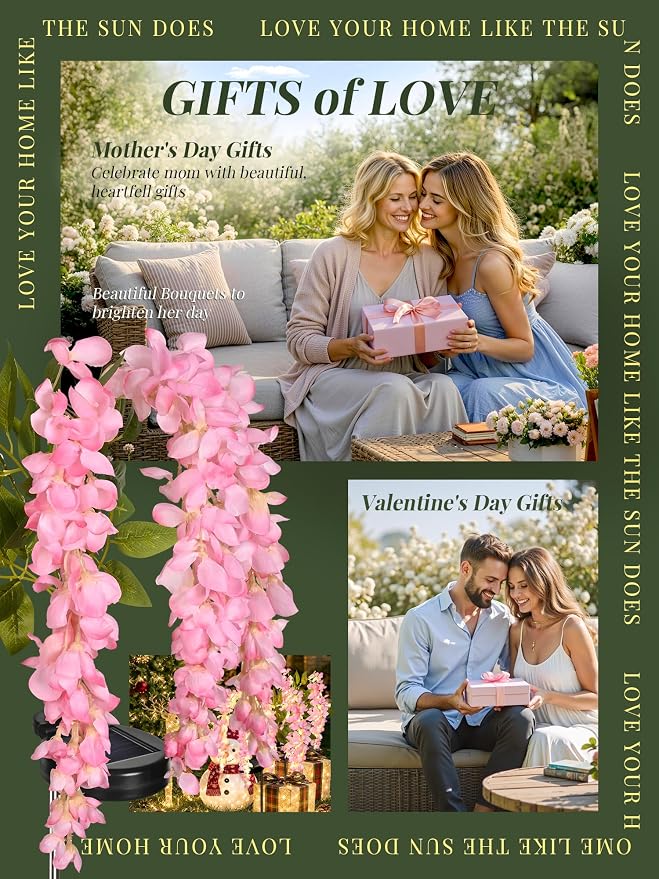 GIGALUMI 3 Pack Solar Wisteria Flowers Outdoor, 2 Modes, Pink | Flower Lights, IP65 Waterproof, Auto On/Off, Solar Powered, Garden Decor, for Pathway, Yard, Patio, Gardening Gifts for Women