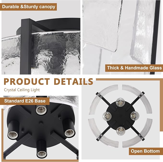 17.7'' Black Semi Flush Mount Ceiling Light, 4-Light Glass Ceiling Lights for Kitchen Island Modern Hallway Light Fixtures, Farmhouse Ceiling Mount Light for Entryway Hallway Bathroom Kitchen Bedroom