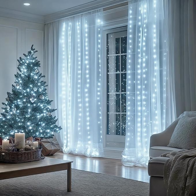Fairy Curtain Lights Upgraded Tangle-Free Cool White USB Plug in 8 Modes String Hanging Lights with Remote for Christmas, Bedroom, Indoor, Outdoor, Weddings, Party (10FTx10FT)