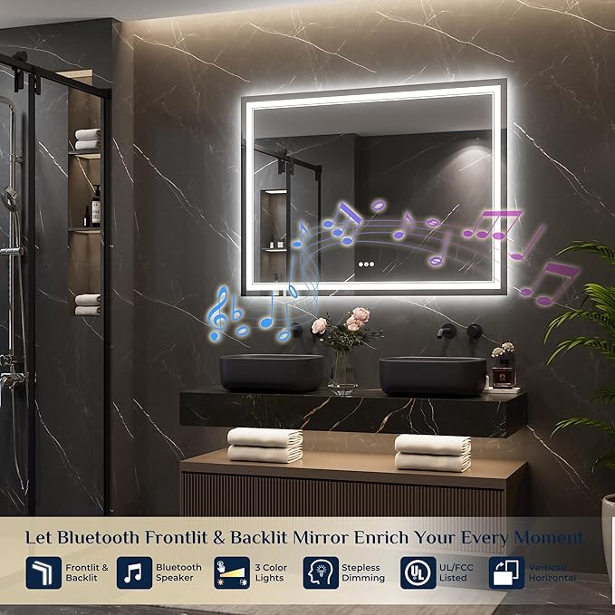 Keonjinn 48" x 36" Lighted Mirrors for Bathroom Wall with Bluetooth Speaker, Frontlit & Backlit LED Bathroom Mirror, Bluetooth Mirror Bathrooms, Tempered Glass, Safe Defogger, 3 Color Lights, Dimmable